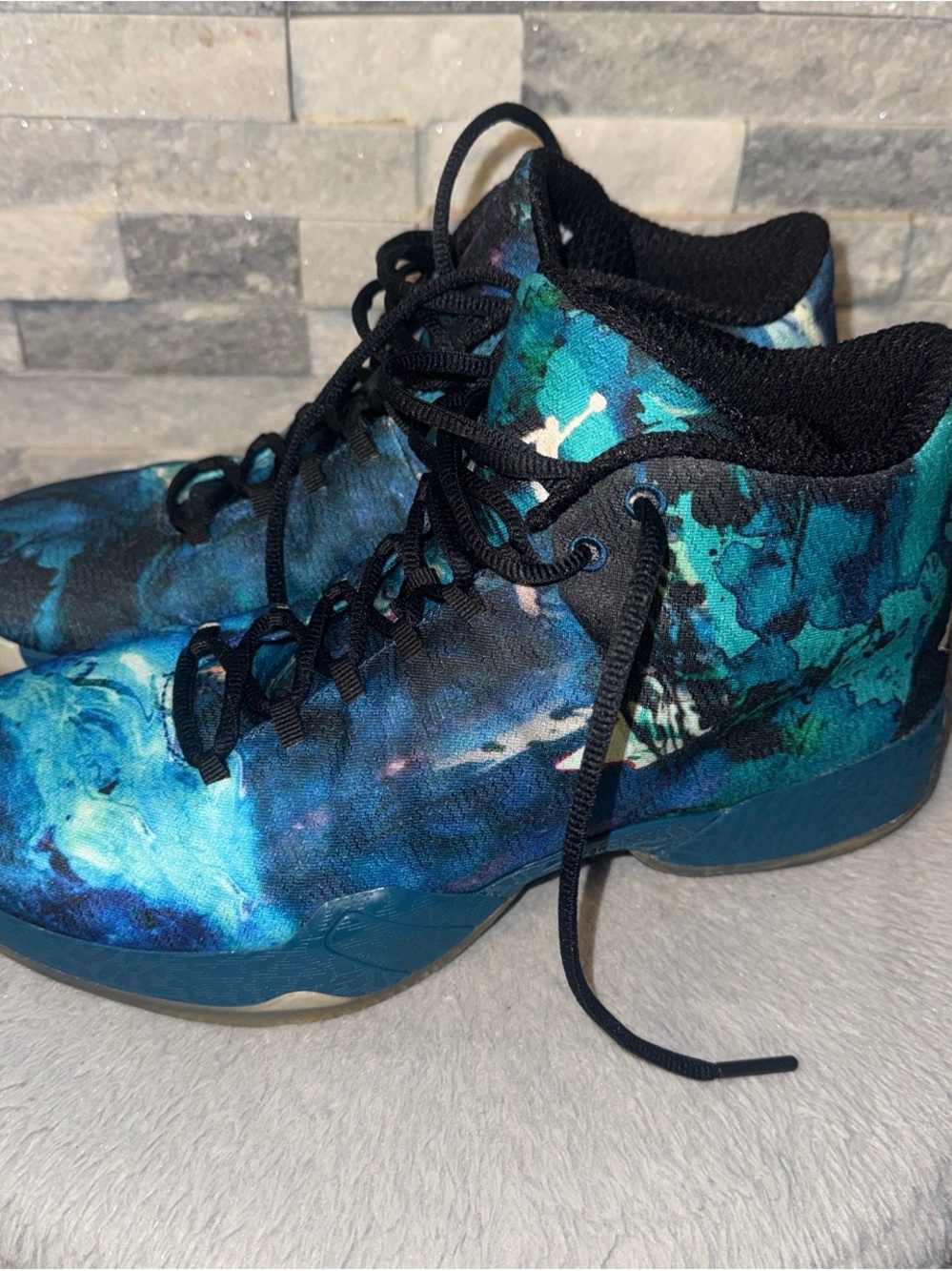 Jordan Men’s High-Top Athletic Shoes in Teal and Black Abstract Print